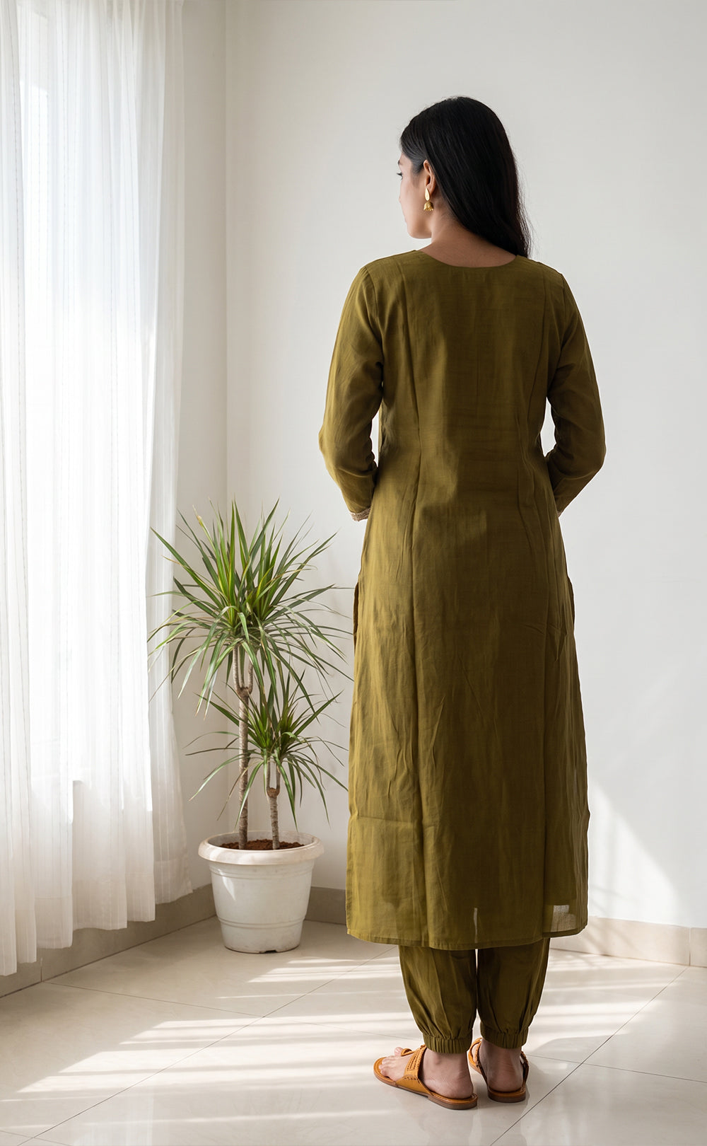 Olive Green Mul Chanderi Beats Work Kurti Set