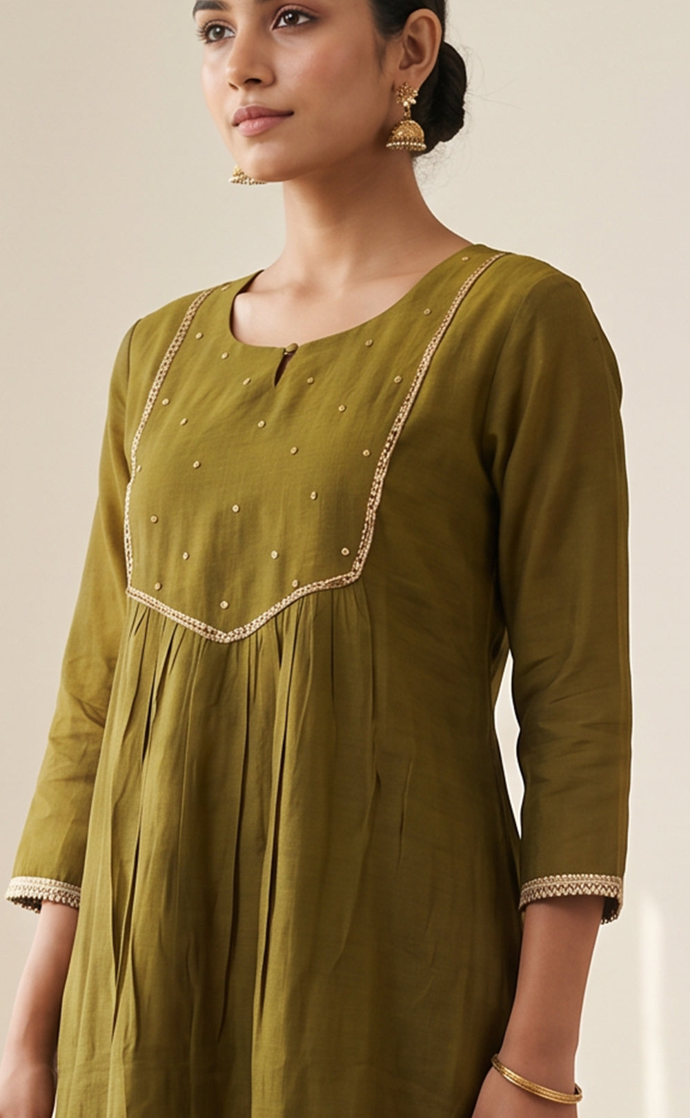 Olive Green Mul Chanderi Beats Work Kurti Set