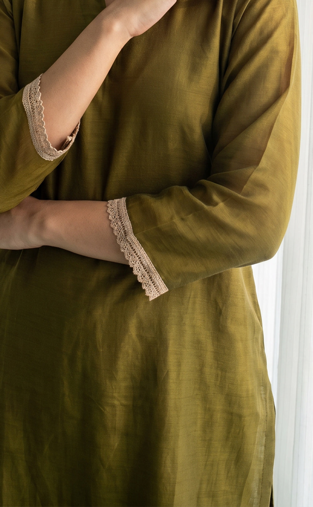 Olive Green Mul Chanderi Beats Work Kurti Set