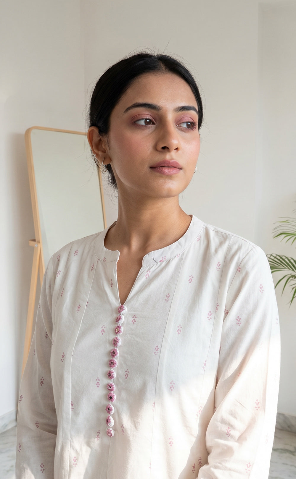 White Cotton Pink All-Over Printed Kurti Set