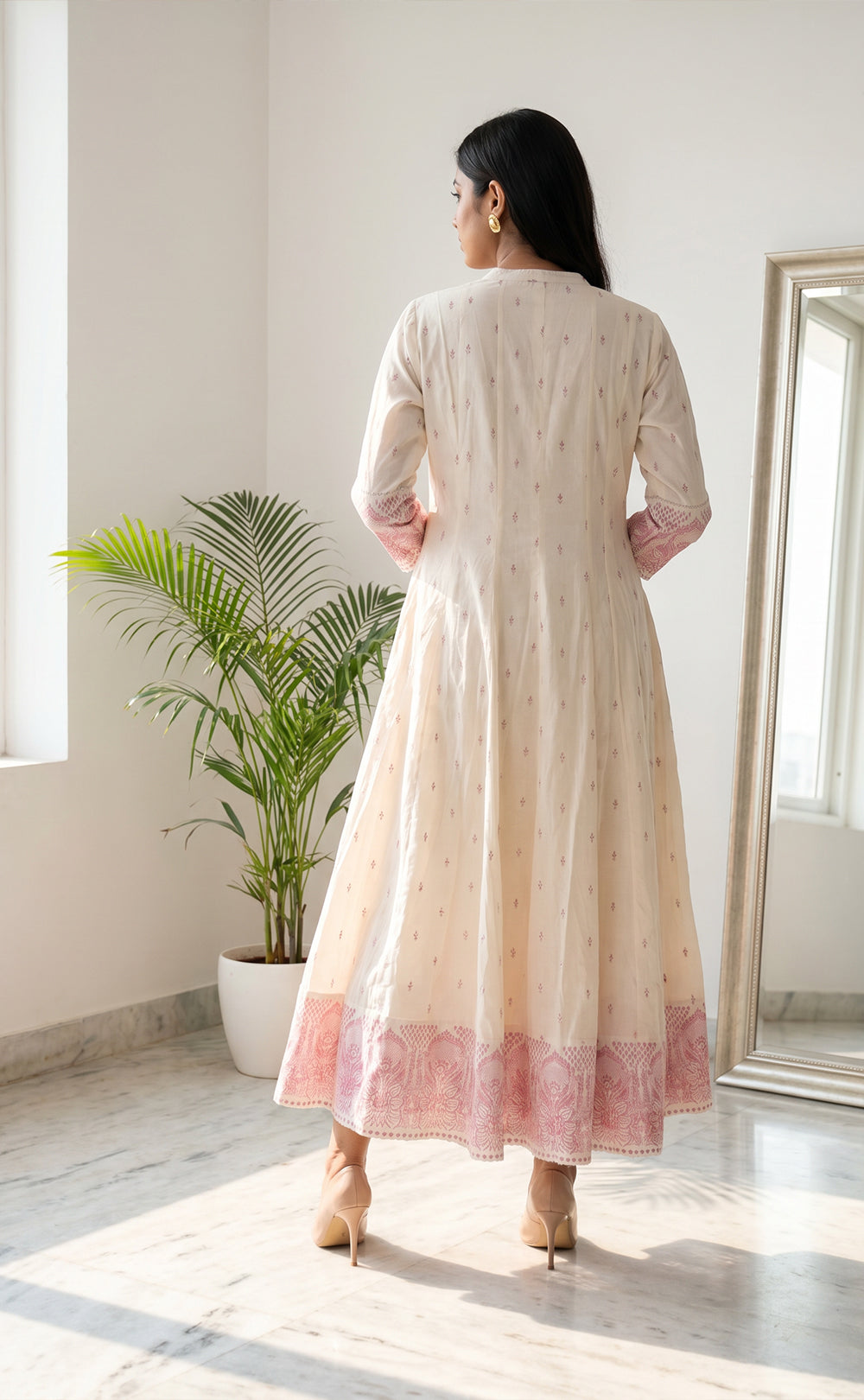 White Cotton Pink All-Over Printed Kurti Set