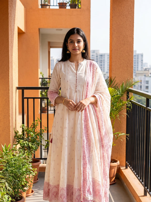 White Cotton Pink All-Over Printed Kurti Set