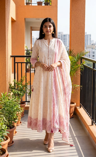 White Cotton Pink All-Over Printed Kurti Set