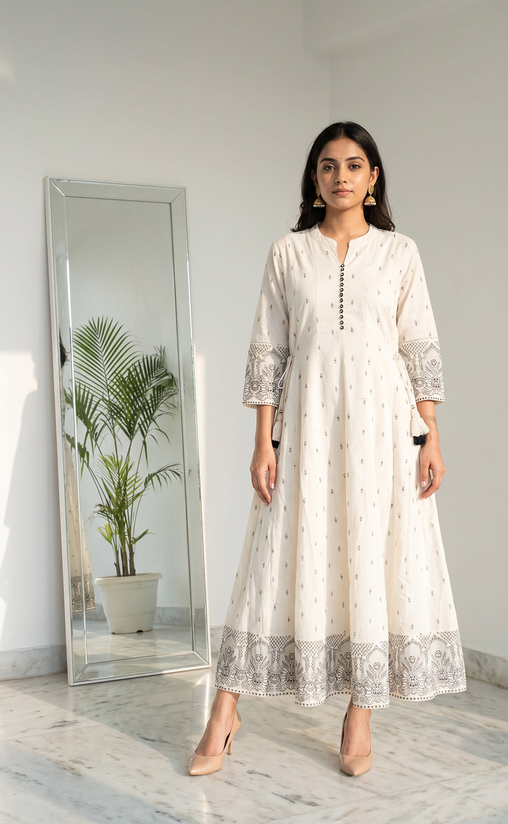 White Cotton Black All-Over Printed Kurti set