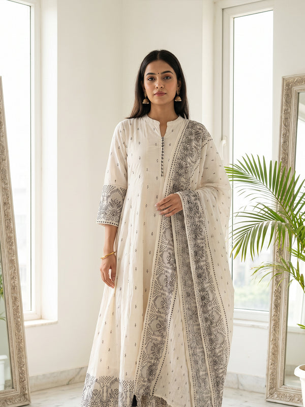 White Cotton Black All-Over Printed Kurti set