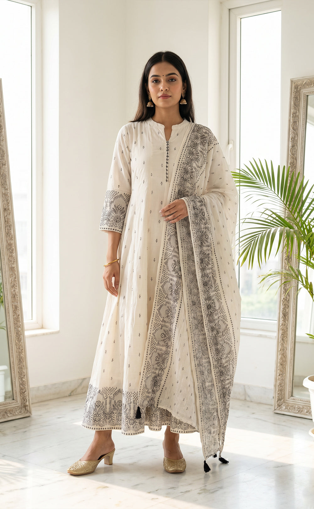 White Cotton Black All-Over Printed Kurti set