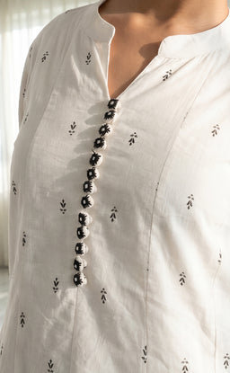 White Cotton Black All-Over Printed Kurti set