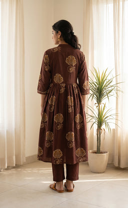 Brown Cotton All-Over Floral Print And Mirror Work Kurti Set
