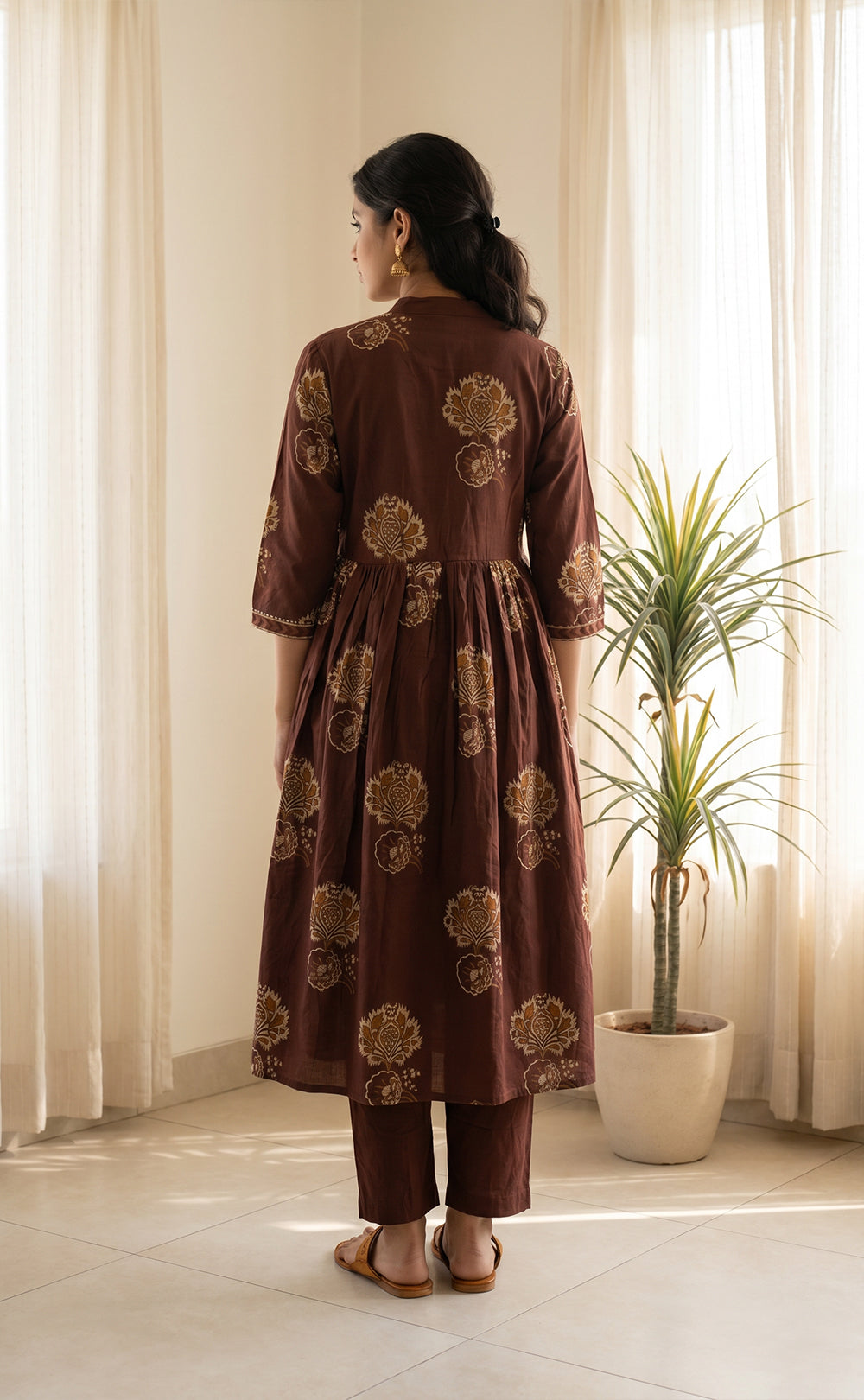 Brown Cotton All-Over Floral Print And Mirror Work Kurti Set