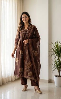 Brown Cotton All-Over Floral Print And Mirror Work Kurti Set