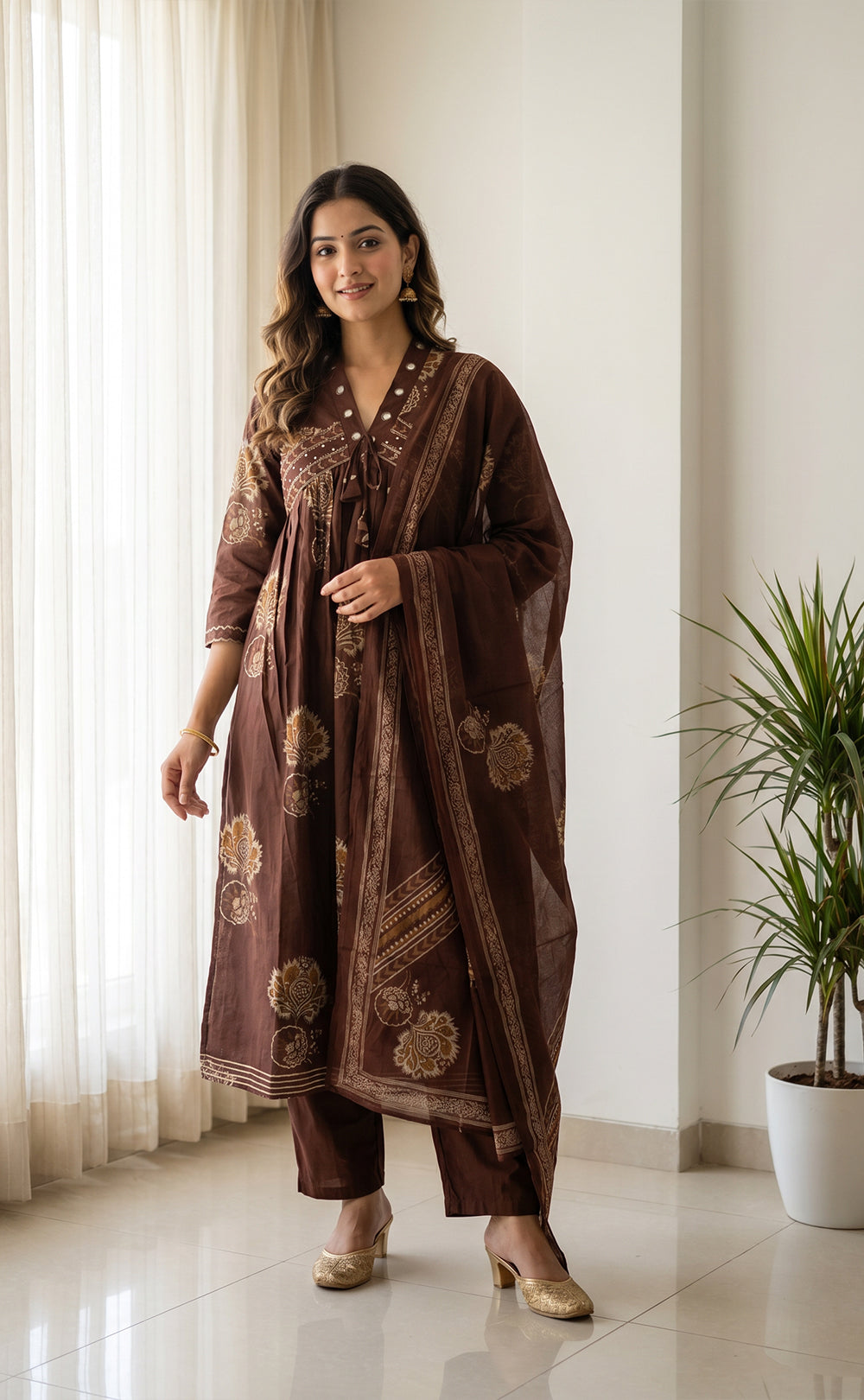 Brown Cotton All-Over Floral Print And Mirror Work Kurti Set