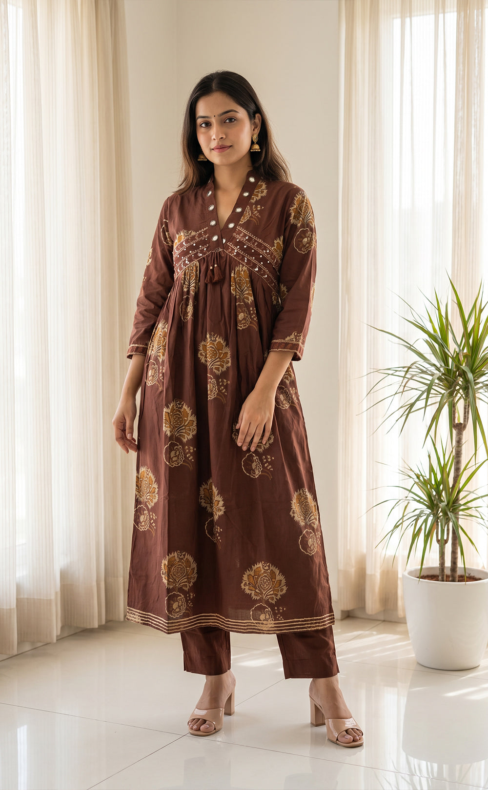 Brown Cotton All-Over Floral Print And Mirror Work Kurti Set