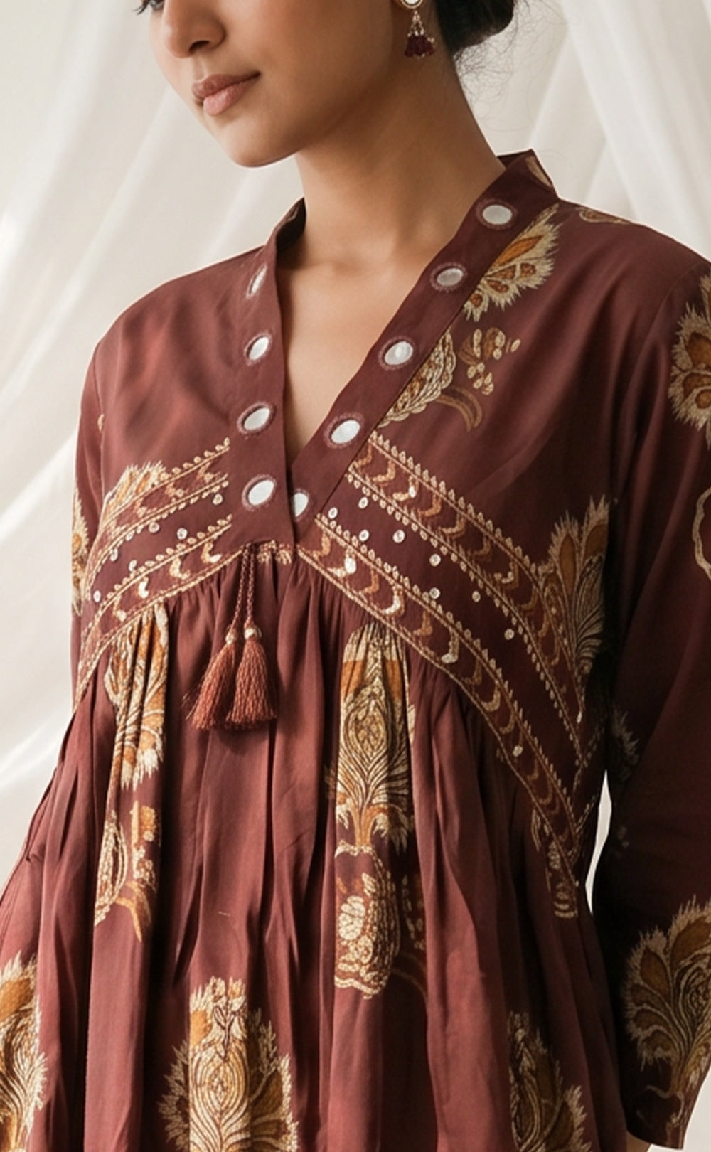 Brown Cotton All-Over Floral Print And Mirror Work Kurti Set