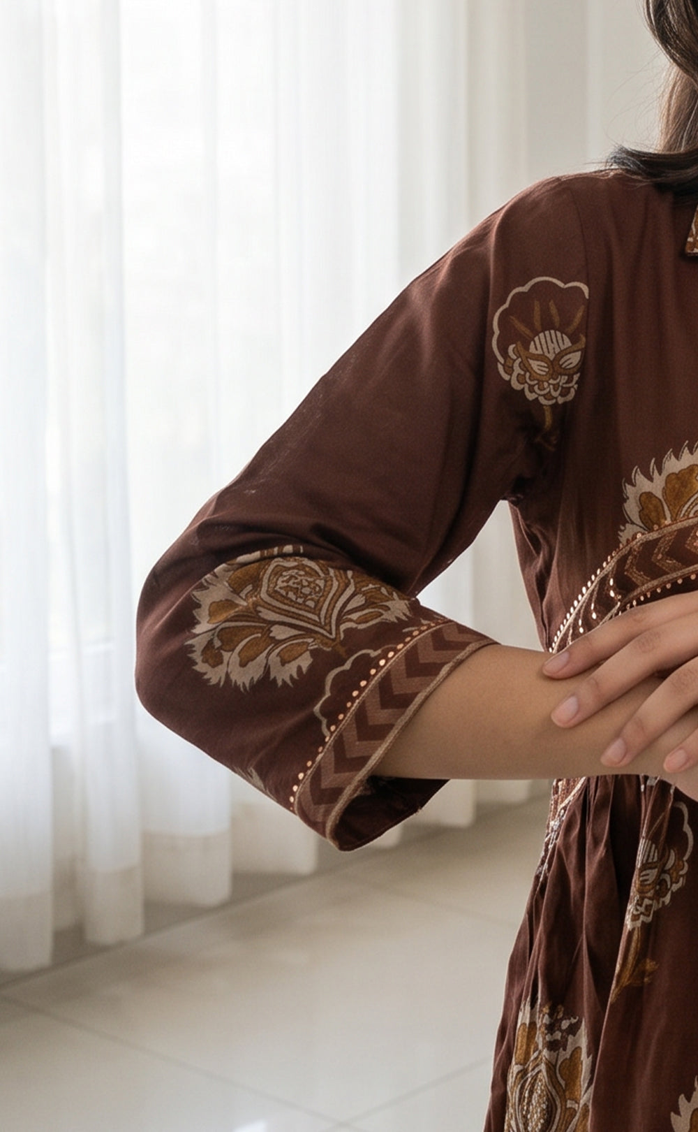 Brown Cotton All-Over Floral Print And Mirror Work Kurti Set
