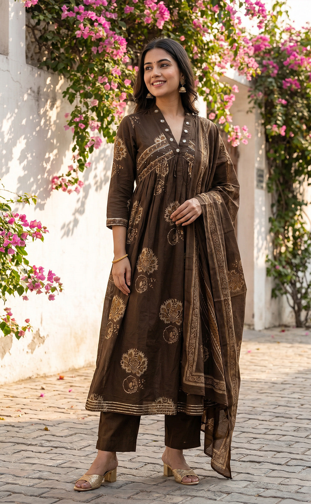 Mehndi Green Cotton All-Over Floral Print Kurti Set