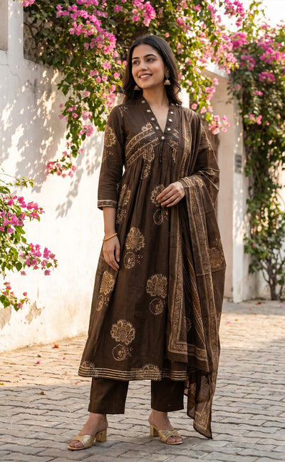 Mehndi Green Cotton All-Over Floral Print Kurti Set