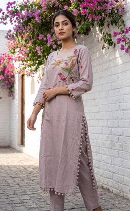 Grey Roman Silk All-Over Brush Paint Kurti Set