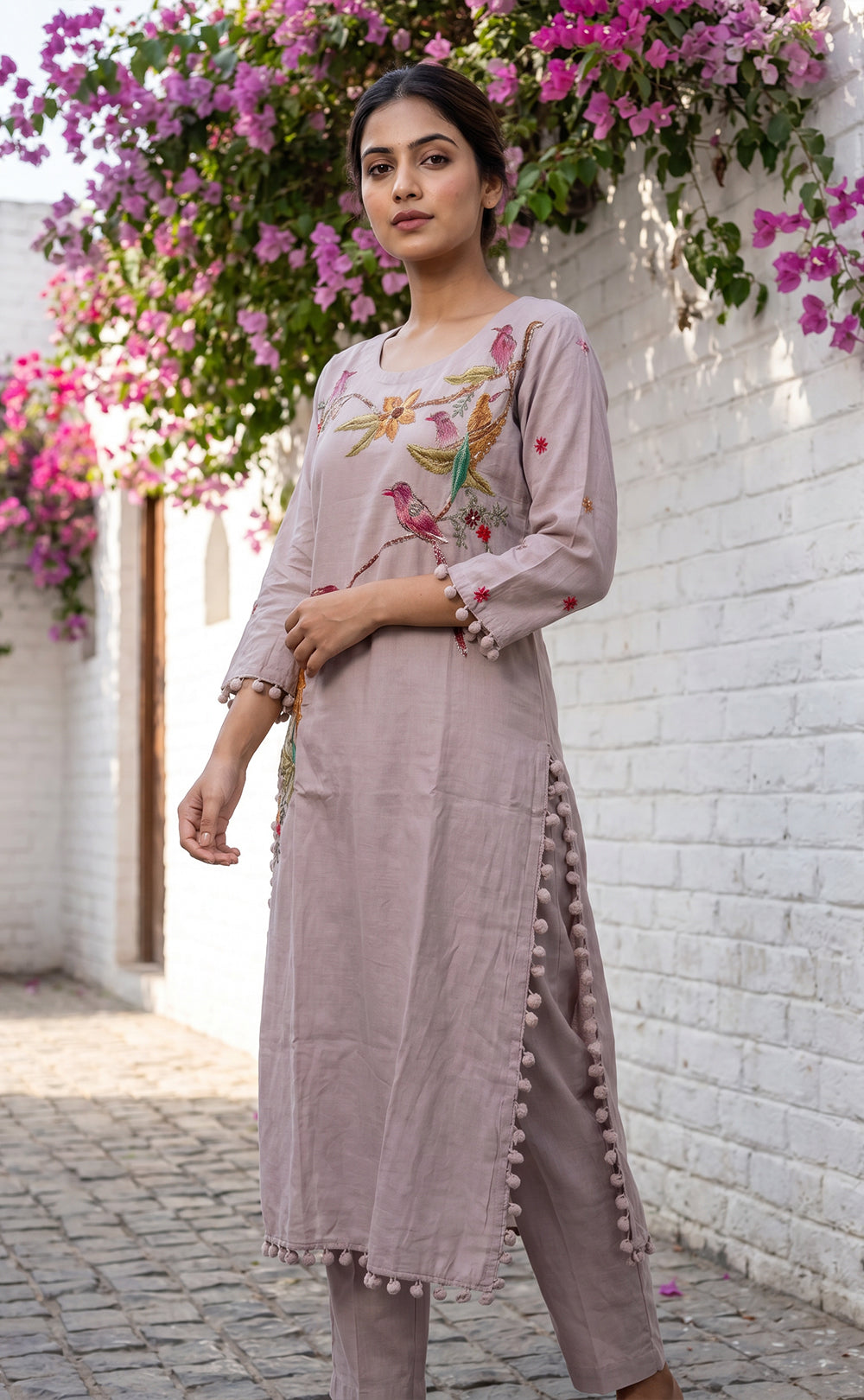 Grey Roman Silk All-Over Brush Paint Kurti Set