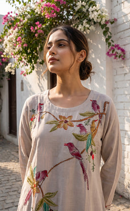 Grey Roman Silk All-Over Brush Paint Kurti Set