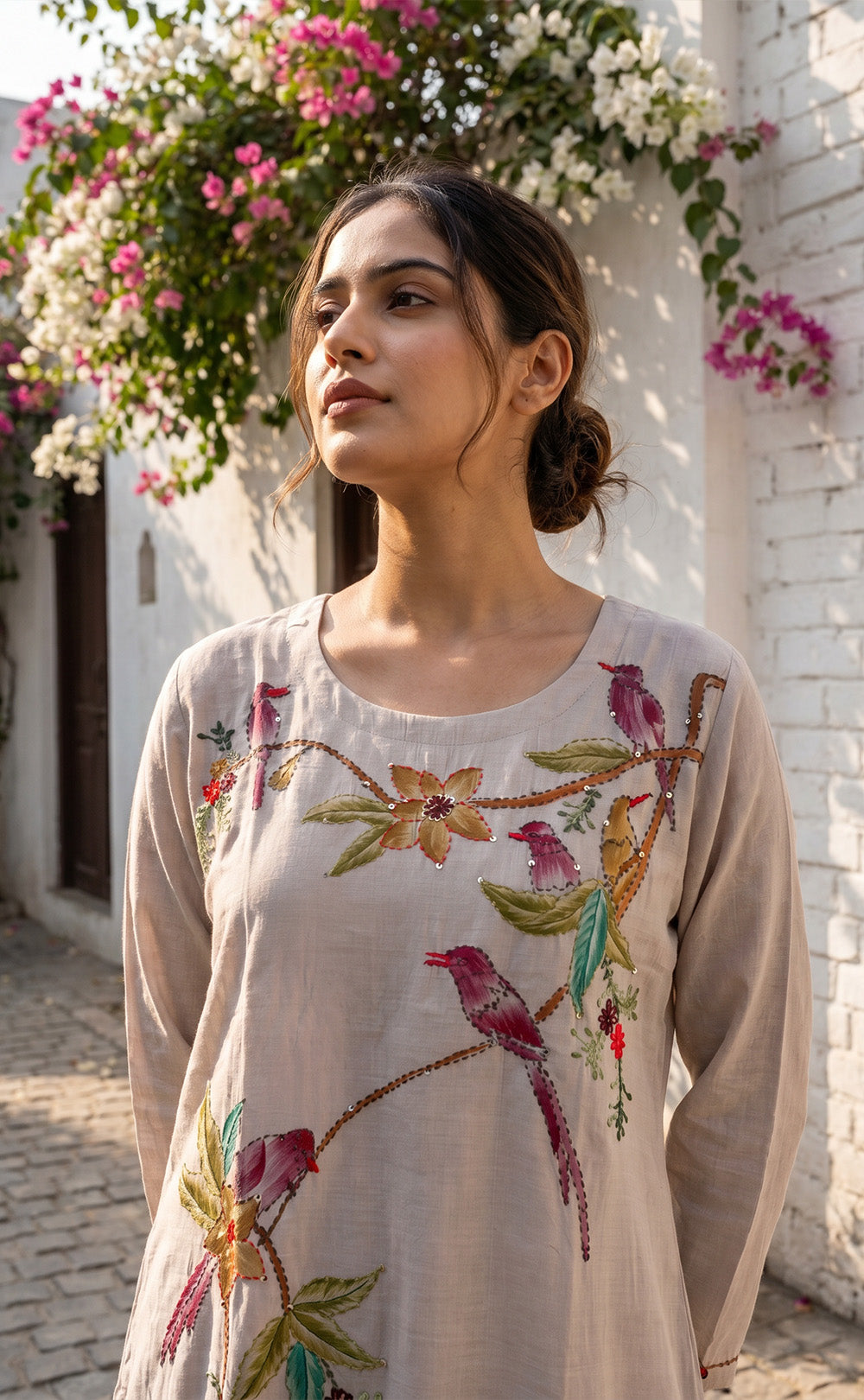 Grey Roman Silk All-Over Brush Paint Kurti Set