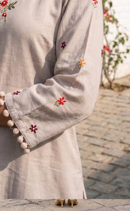 Grey Roman Silk All-Over Brush Paint Kurti Set