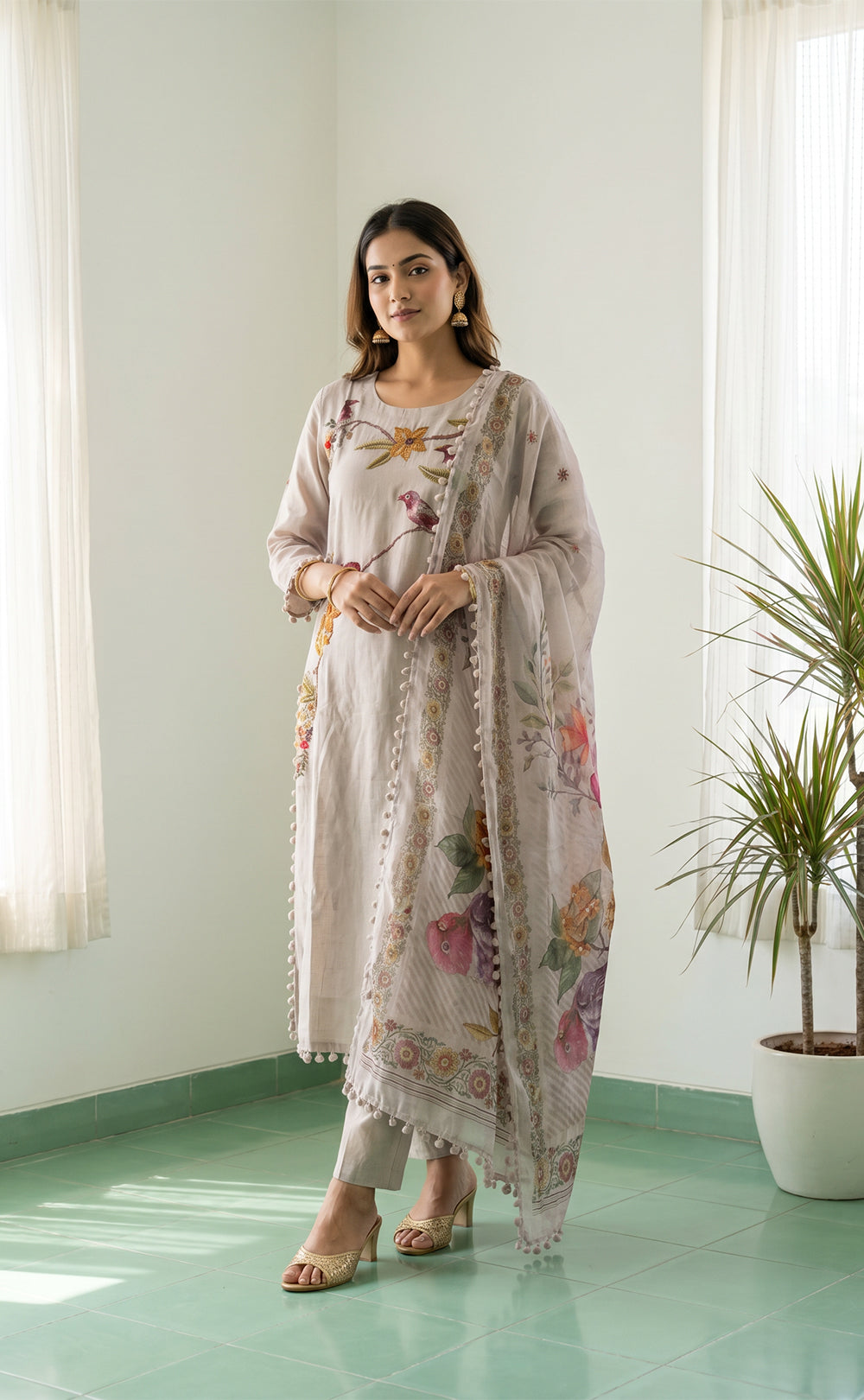 Grey Roman Silk All-Over Brush Paint Kurti Set