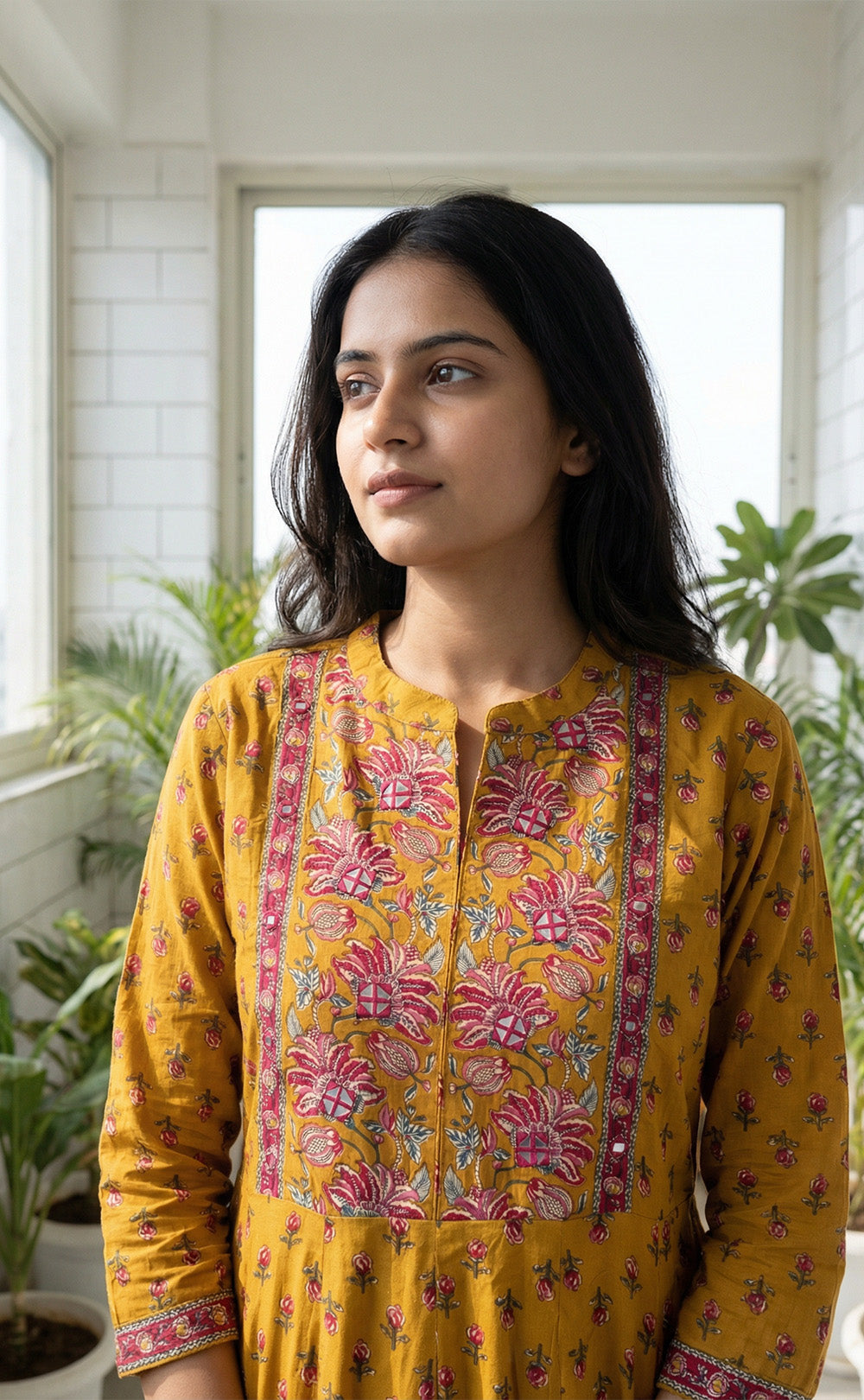 Yellow Cotton All-over Small Red Rose Printed Kurti Set