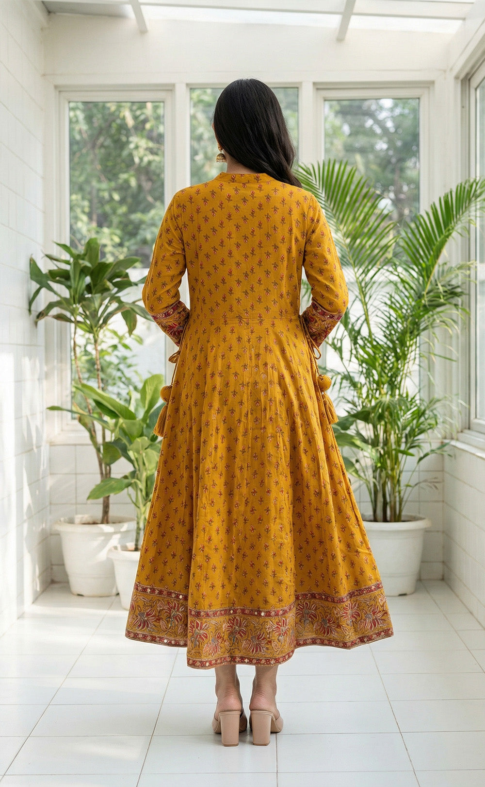 Yellow Cotton All-over Small Red Rose Printed Kurti Set