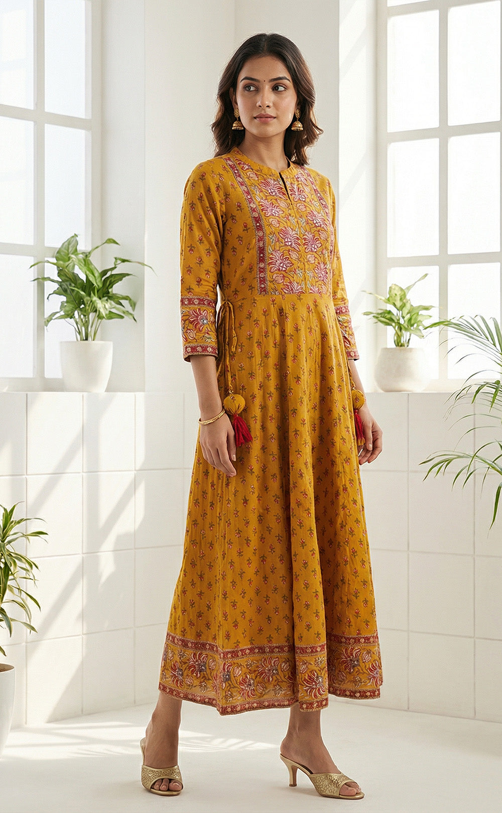 Yellow Cotton All-over Small Red Rose Printed Kurti Set