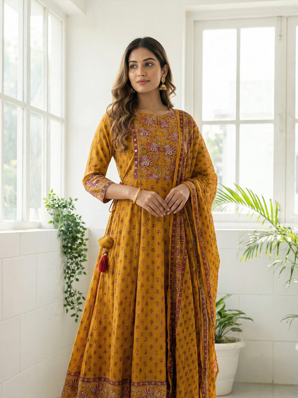 Yellow Cotton All-over Small Red Rose Printed Kurti Set