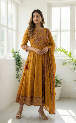Yellow Cotton All-over Small Red Rose Printed Kurti Set
