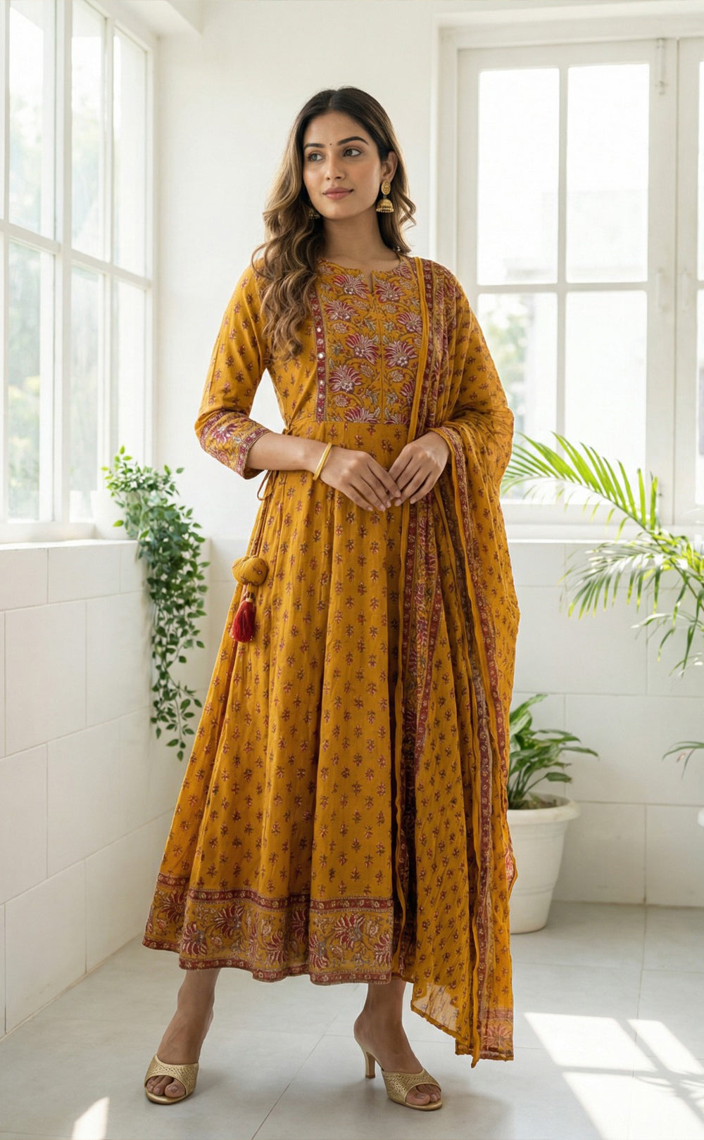 Yellow Cotton All-over Small Red Rose Printed Kurti Set