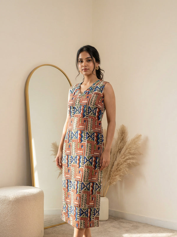 Multi Colours Cotton Kalamkari Printed Straight Kurti