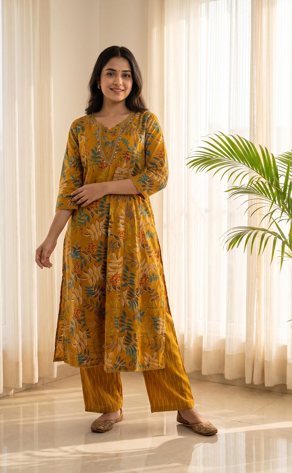 Mustard Yellow Cotton All-Over Floral Print Kurti Set