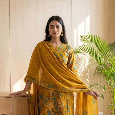 Mustard Yellow Cotton All-Over Floral Print Kurti Set