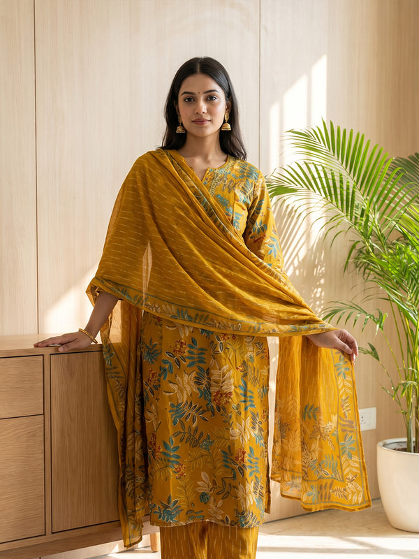 Mustard Yellow Cotton All-Over Floral Print Kurti Set