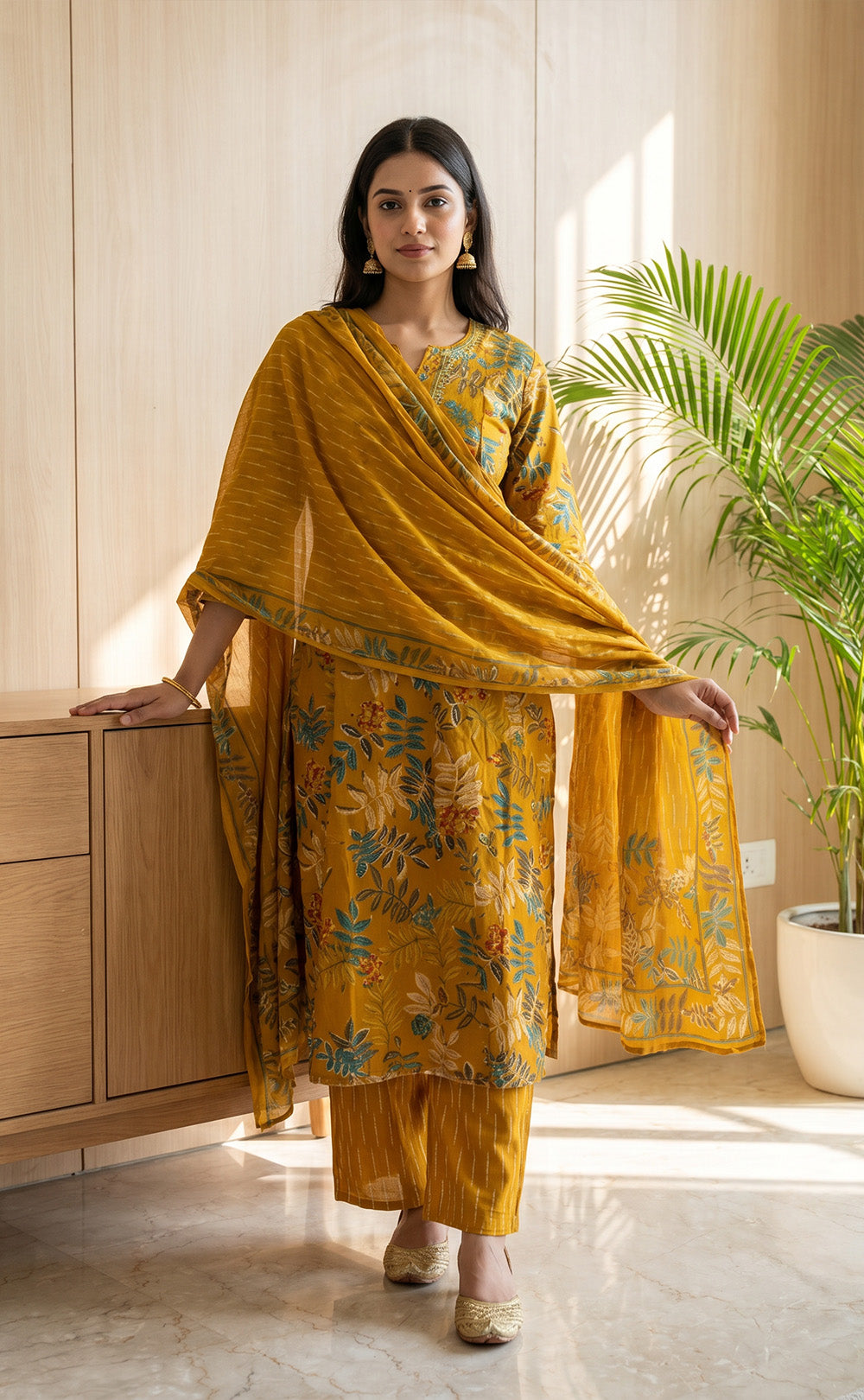 Mustard Yellow Cotton All-Over Floral Print Kurti Set