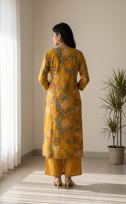 Mustard Yellow Cotton All-Over Floral Print Kurti Set