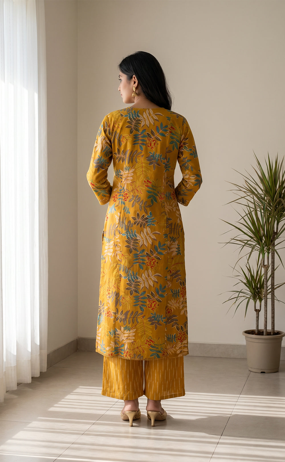 Mustard Yellow Cotton All-Over Floral Print Kurti Set