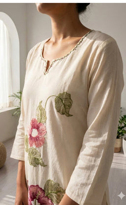 Cream Cotton All-Over Floral Thread Embroidery Straight Kurti