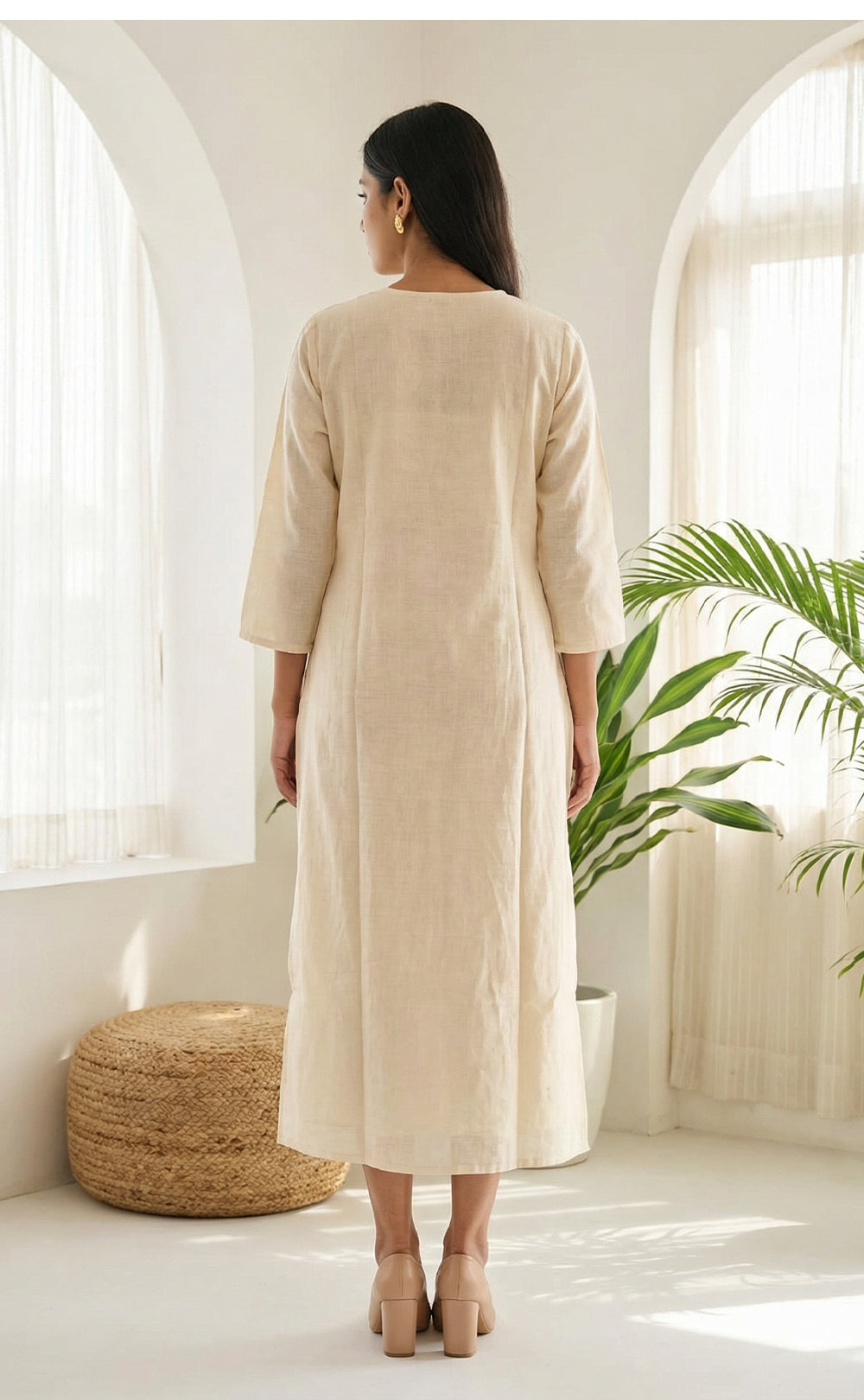 Cream Cotton All-Over Floral Thread Embroidery Straight Kurti