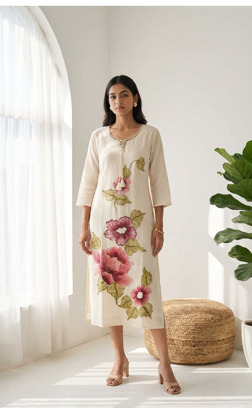Cream Cotton All-Over Floral Thread Embroidery Straight Kurti