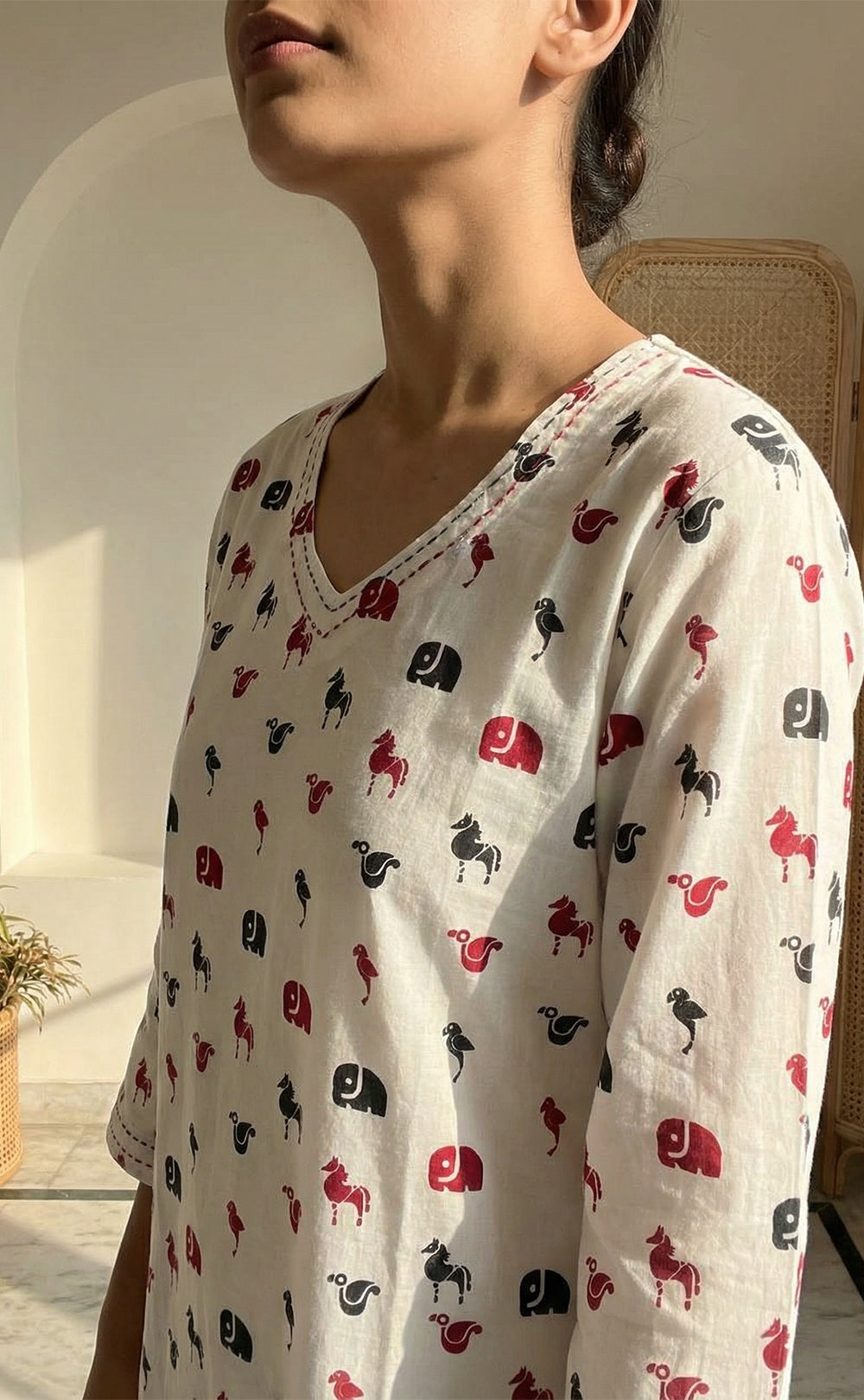 White Cotton Red and Black Mini Animal Print Co-ord Set