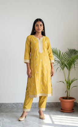 Mustard Yellow Fancy All-Over Thread Buti Work Kurti Set