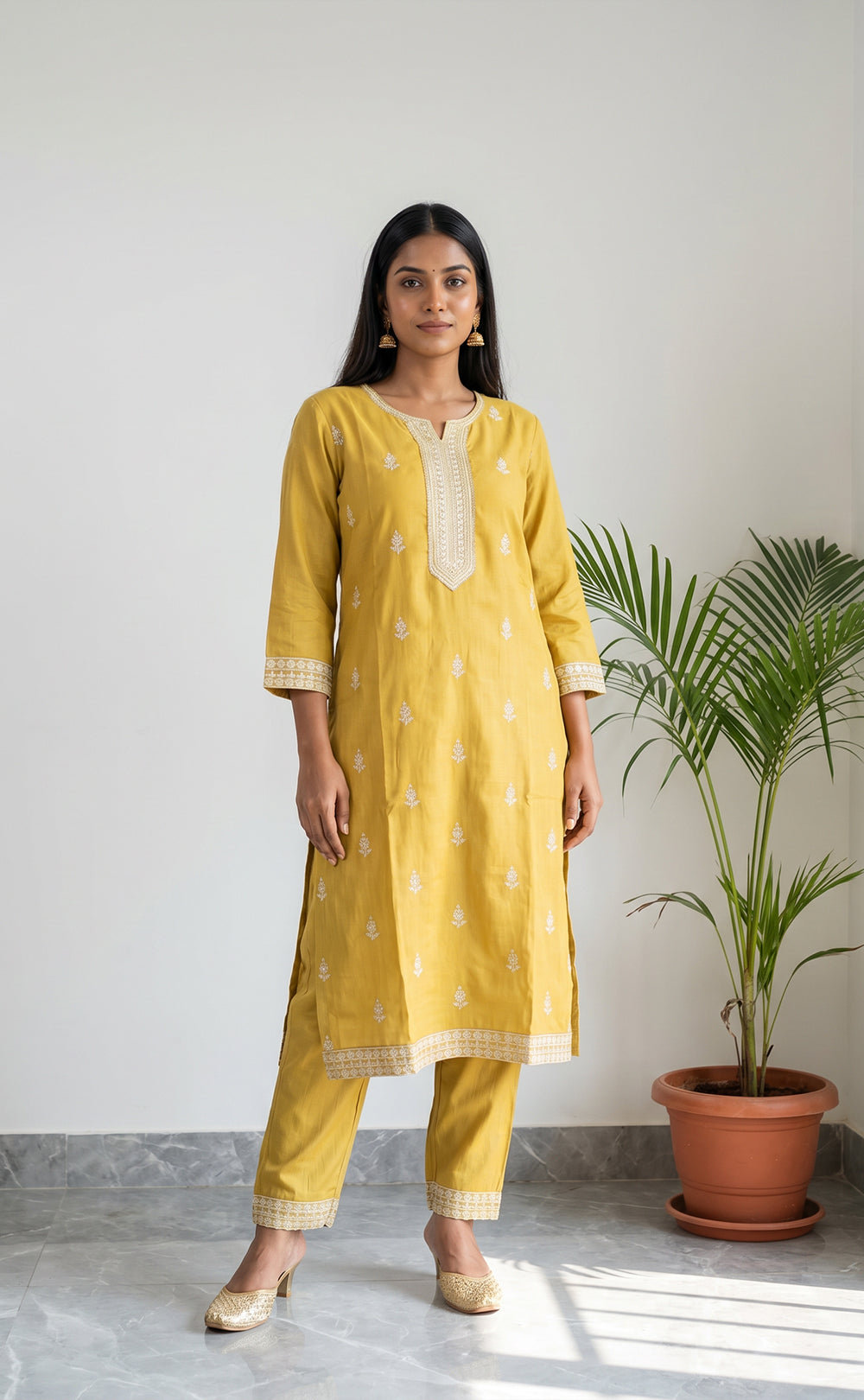 Mustard Yellow Fancy All-Over Thread Buti Work Kurti Set