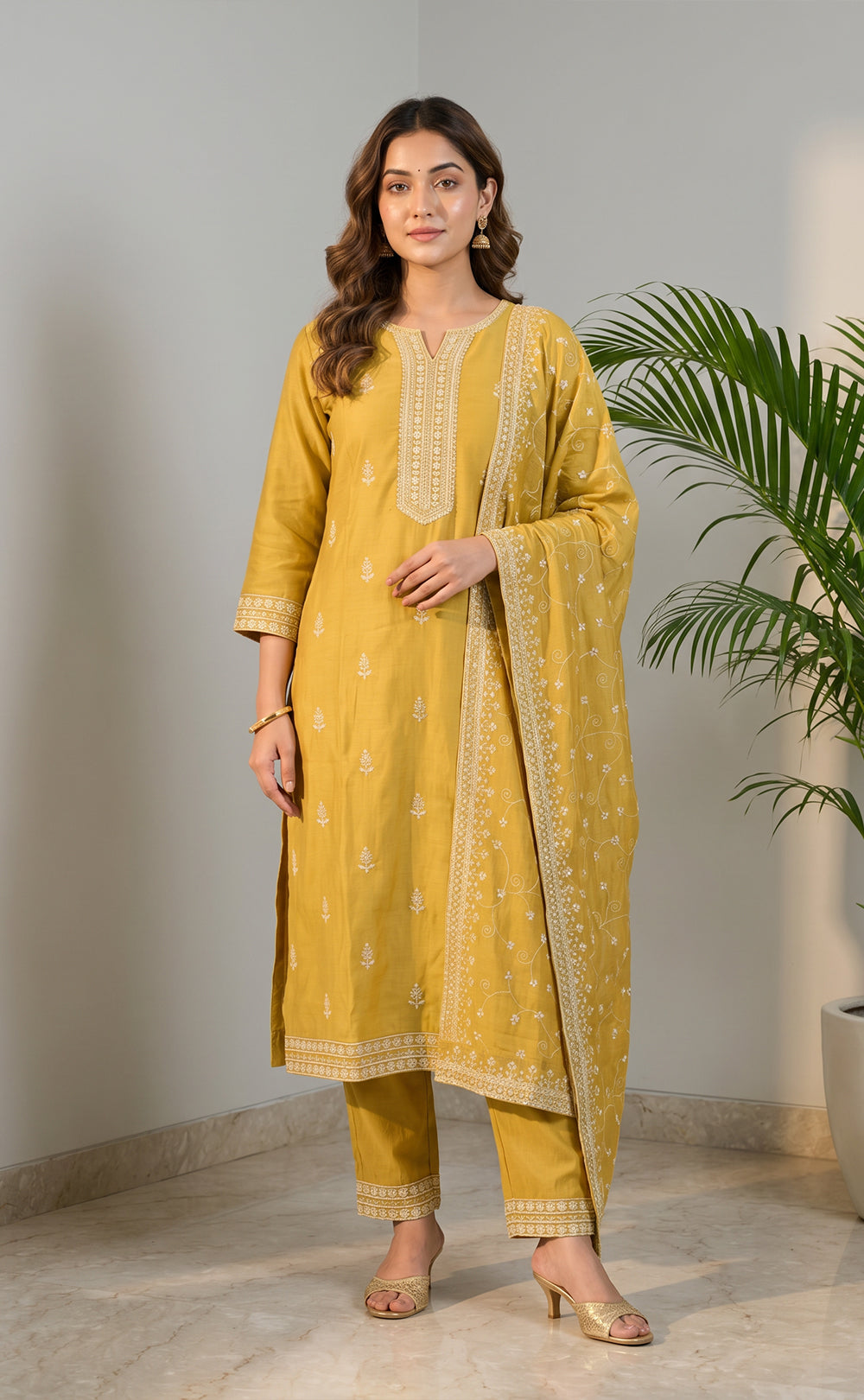 Mustard Yellow Fancy All-Over Thread Buti Work Kurti Set