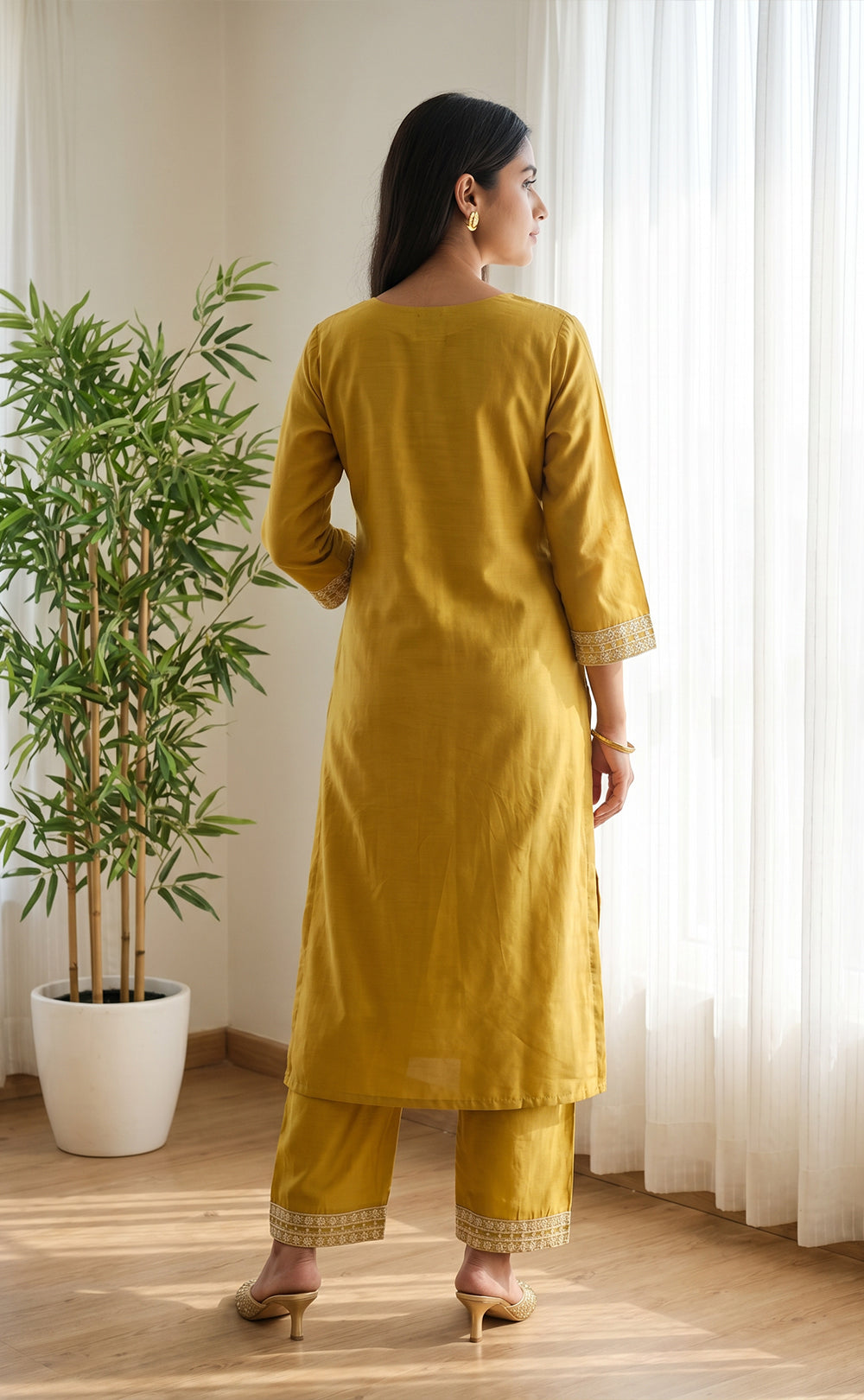 Mustard Yellow Fancy All-Over Thread Buti Work Kurti Set
