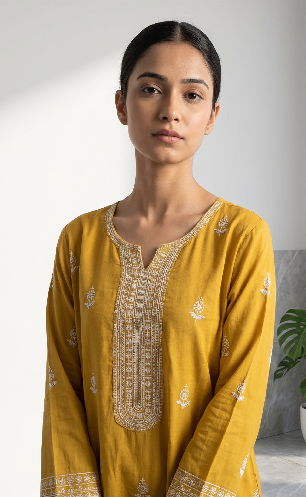 Mustard Yellow Fancy All-Over Thread Buti Work Kurti Set