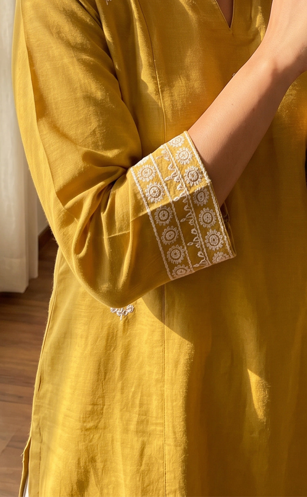 Mustard Yellow Fancy All-Over Thread Buti Work Kurti Set