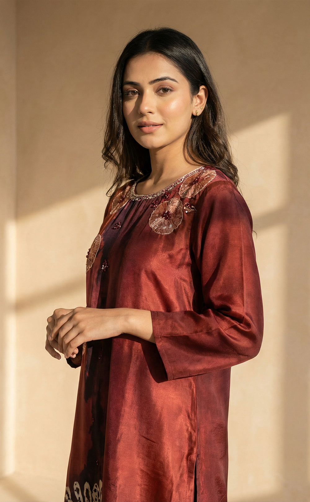 Maroon Muslin Silk Shibori print Indo Western Co-ord Set